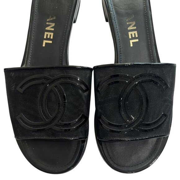 Chanel Mesh Patent Slides in Black - Picture 3 of 8